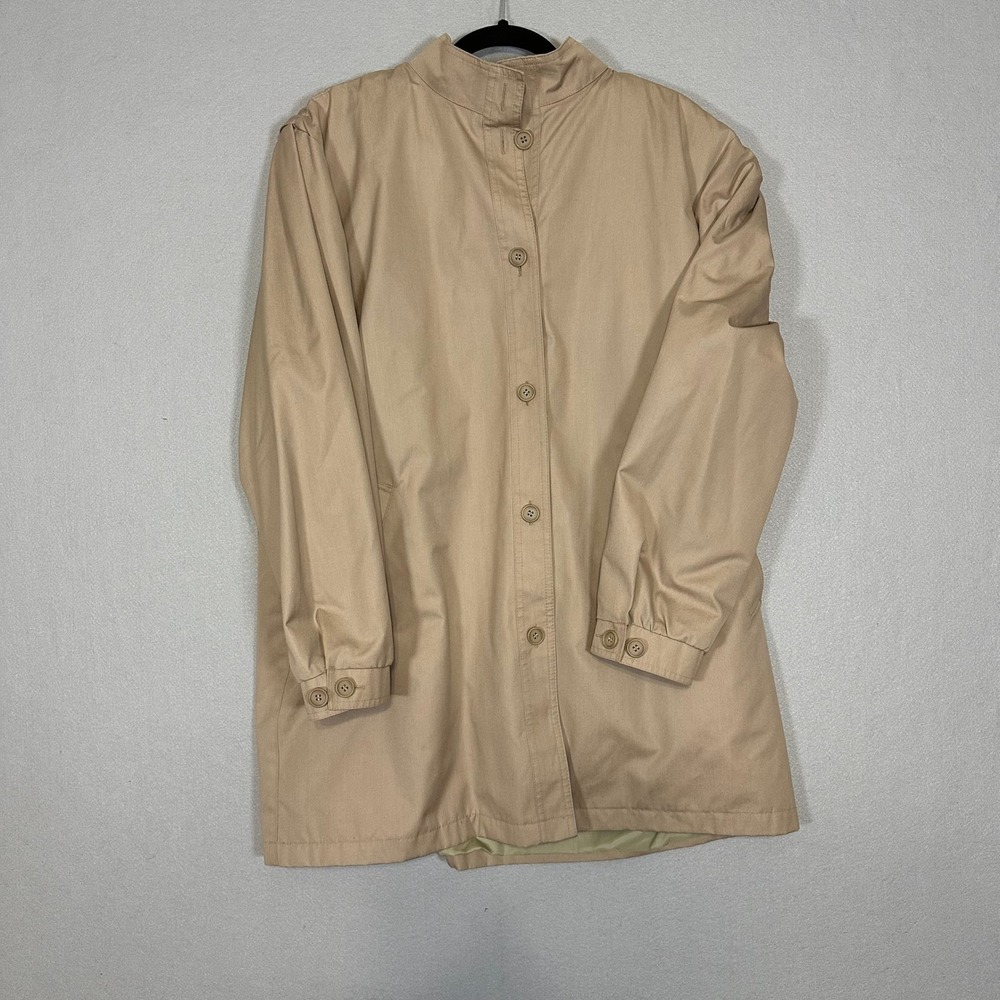 London Fog Vintage Tan Beige Button Front Jacket Faux Fur Lined Mock Neck 18.5 R